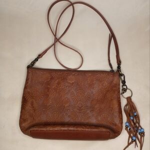 The Sak Leather Floral Paisley Tooled Bohemian Western Bag With Fringe Bead Tag